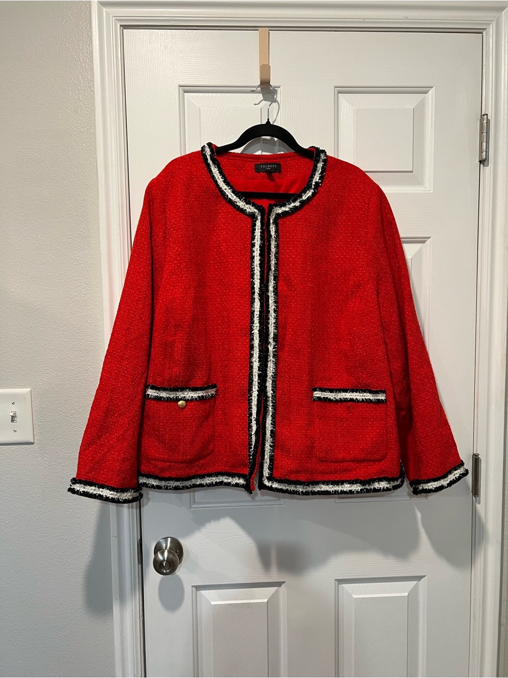 Talbots Red Tweed Fringe-Trim Collarless Jacket